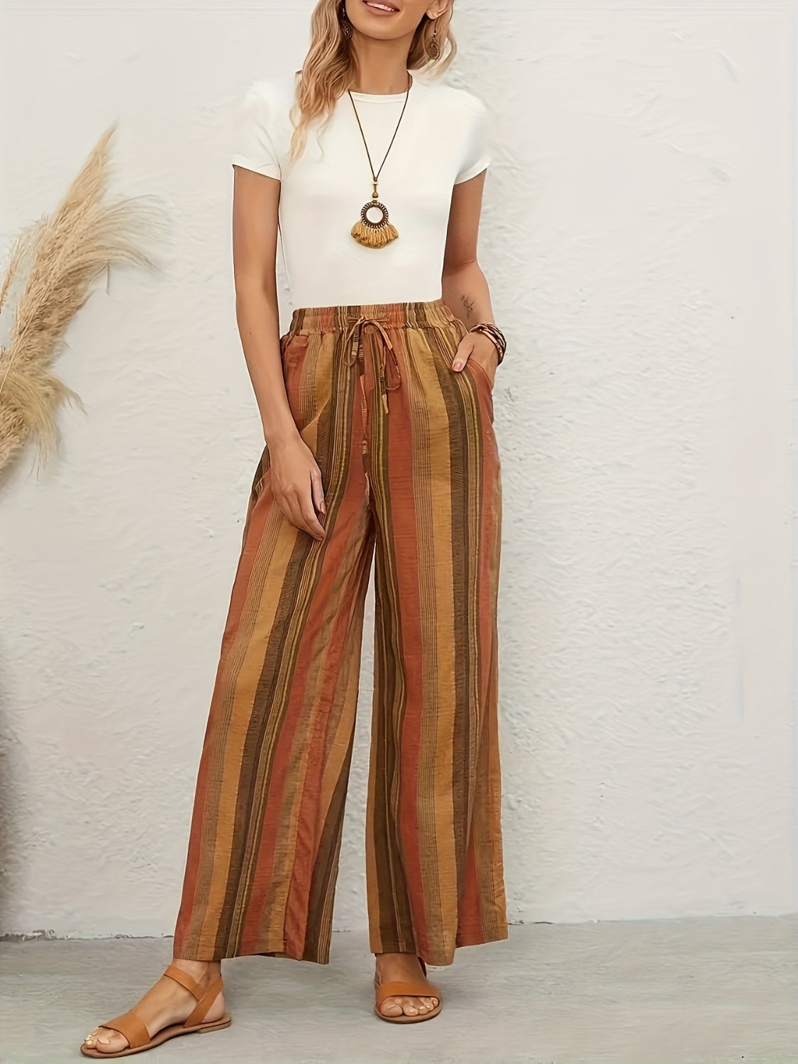 Outfit Flow - Full Size Drawstring Striped Wide Leg Pants