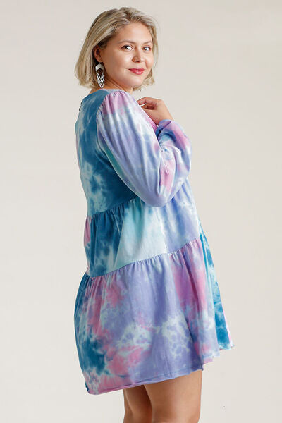 Umgee Full Size Tie Dye Round Neck Long Sleeve Babydoll Tiered Dress Plus Size OutfitFlow