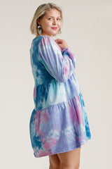 Umgee Full Size Tie Dye Round Neck Long Sleeve Babydoll Tiered Dress Plus Size OutfitFlow