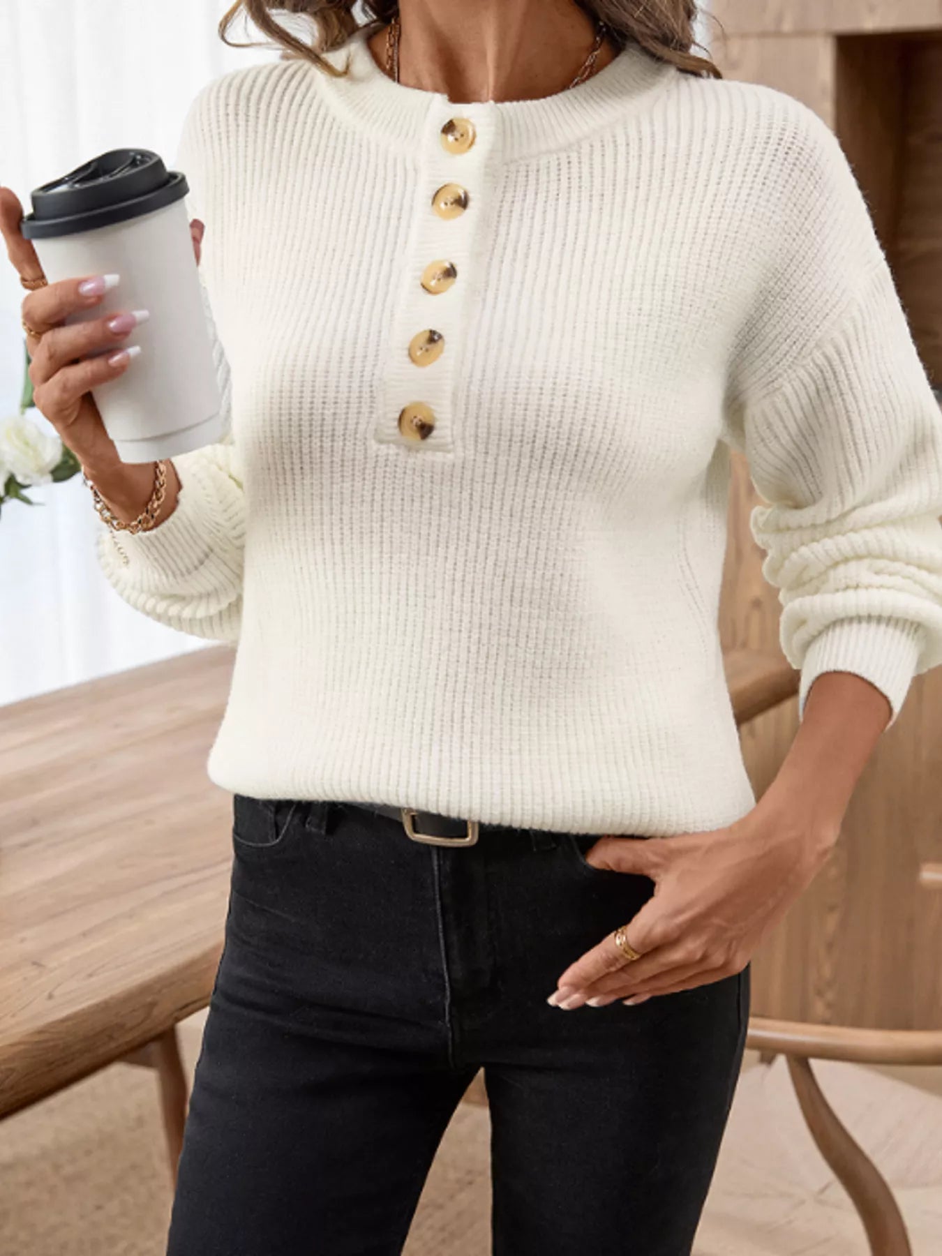 Button Detail Long Sleeve Sweater OutfitFlow