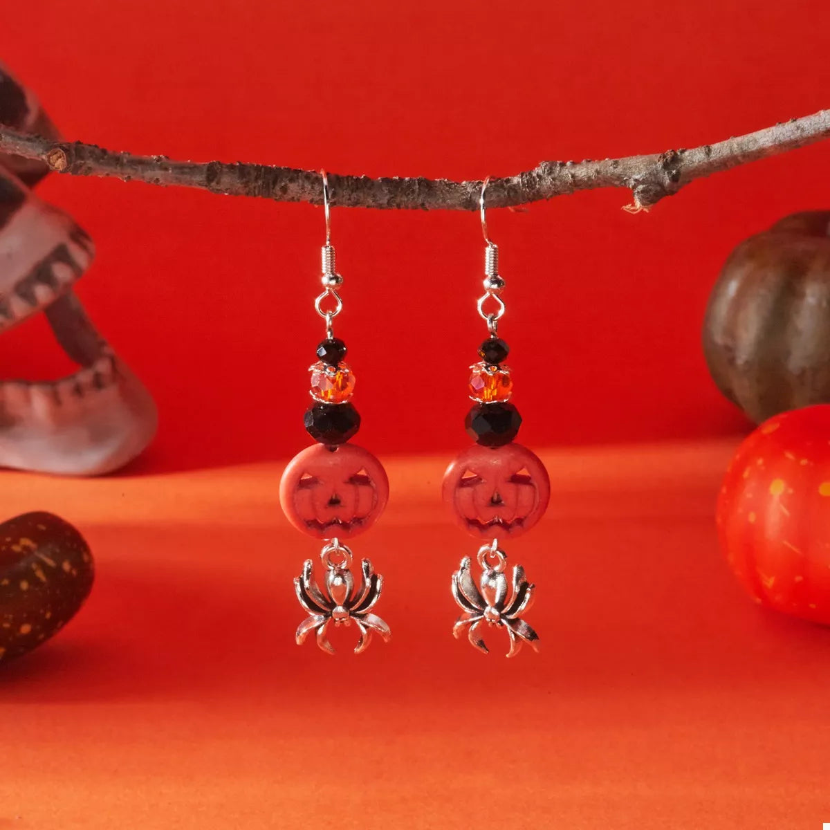 Halloween Spider Pumpkin Drop Earrings OutfitFlow