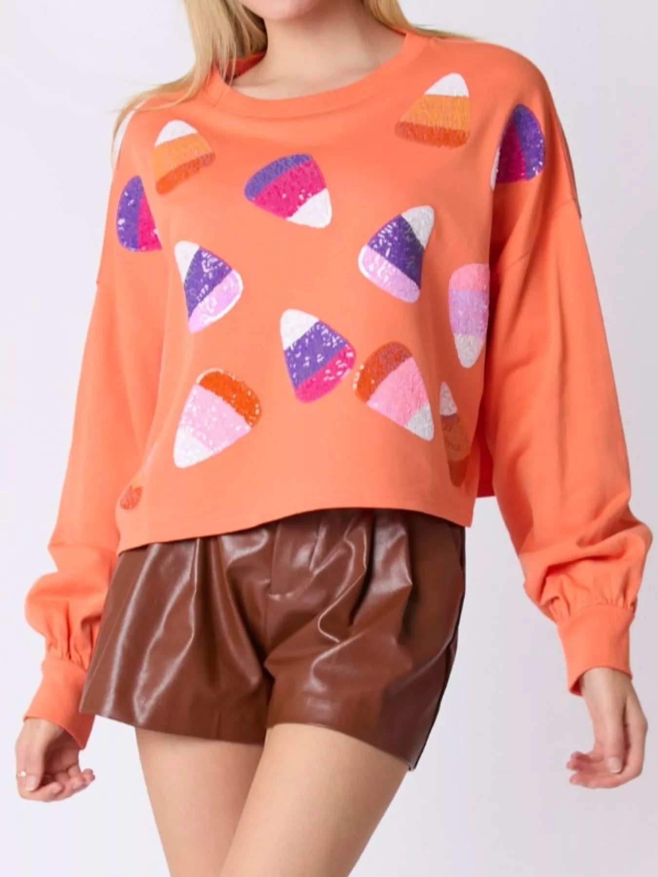 Halloween Candy Sequin Long-Sleeve Sweatshirt OutfitFlow