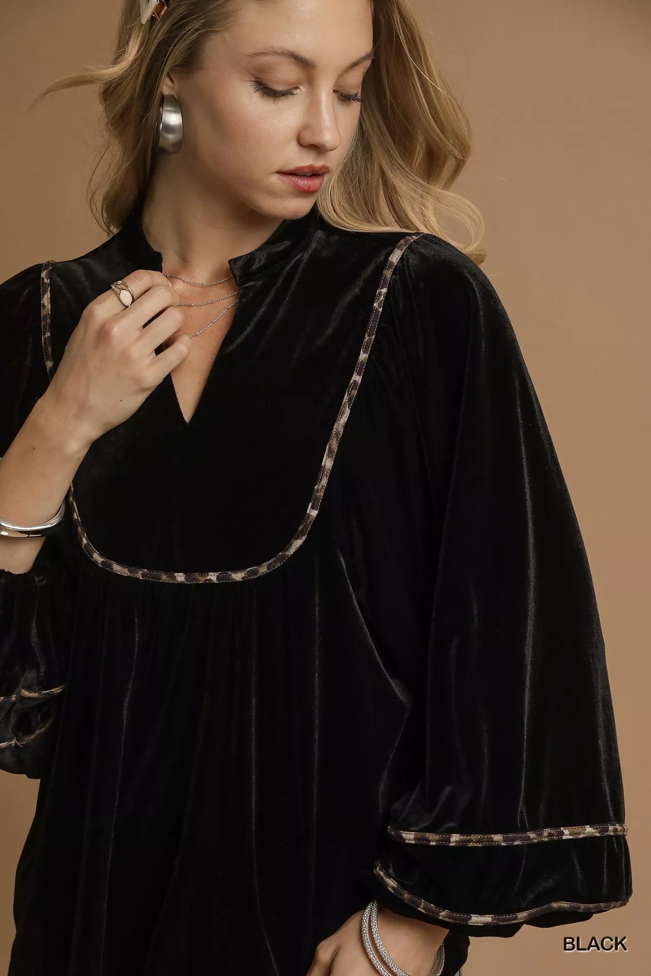 Umgee Velvet Long Sleeve Blouse with Contrast Trim OutfitFlow