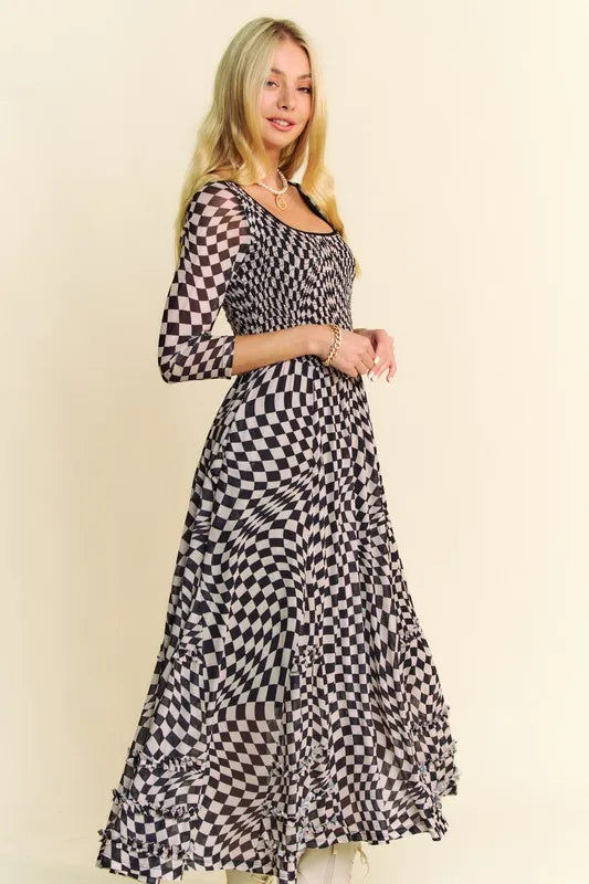Davi & Dani Printed Checker Mesh Flowy Maxi Dress OutfitFlow
