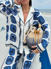 Printed Button Up Shirt and Pants Set Blue OutfitFlow