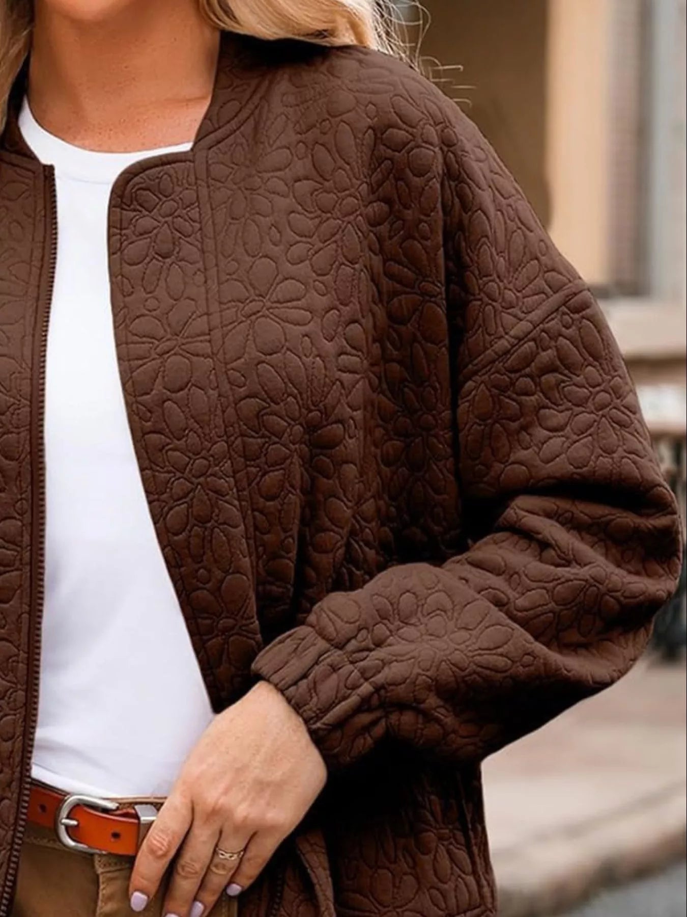 Full Size Floral Quilted Zip Up Jacket Plus Size Trendsi