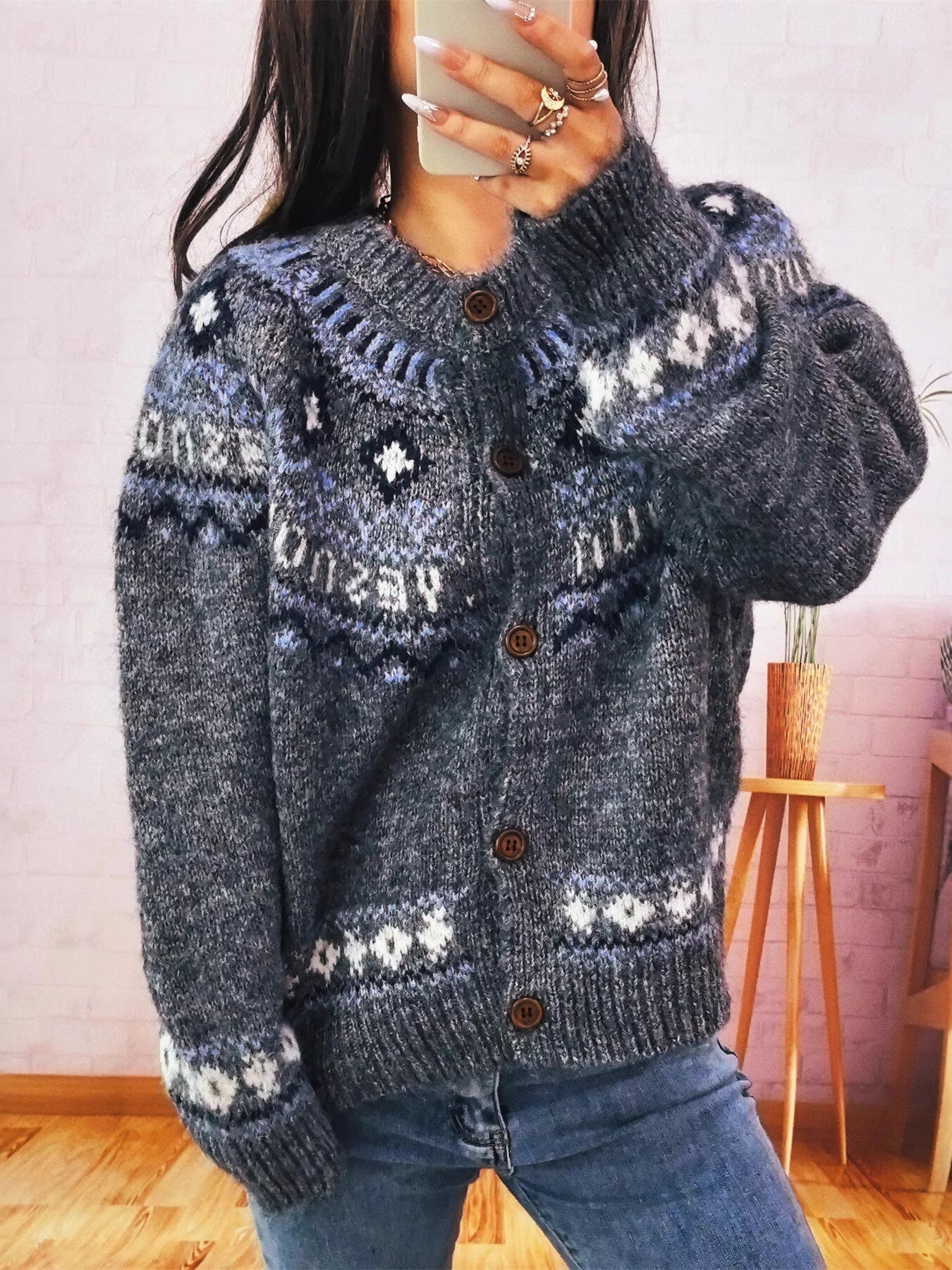 Geometric Pattern Button Up Long Sleeve Cardigan OutfitFlow