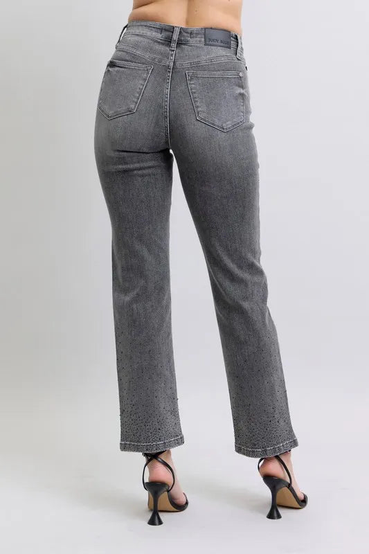 Judy Blue Full Size High Waist Rhinestone Straight Jeans Plus Size OutfitFlow