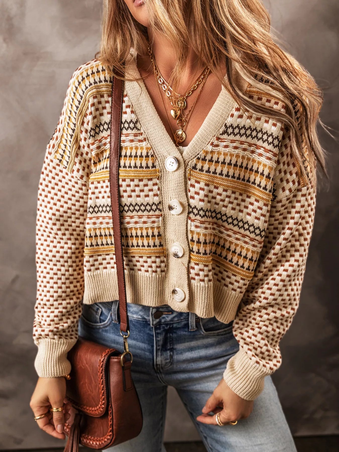 Vintage Patterned Button-Down Cardigan Trendsi