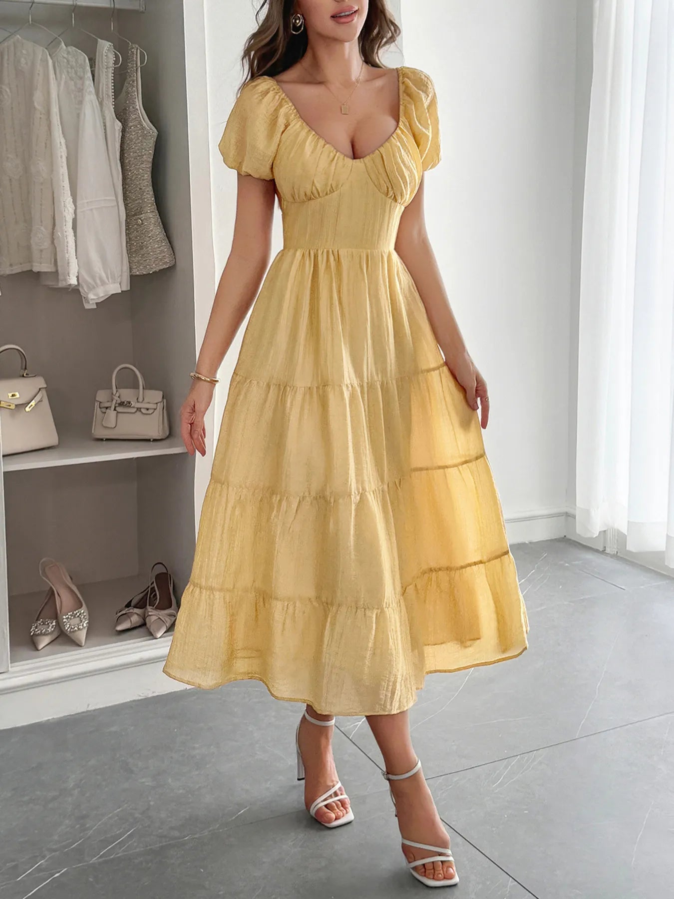 V-Neck Short Sleeve Midi Dress OutfitFlow