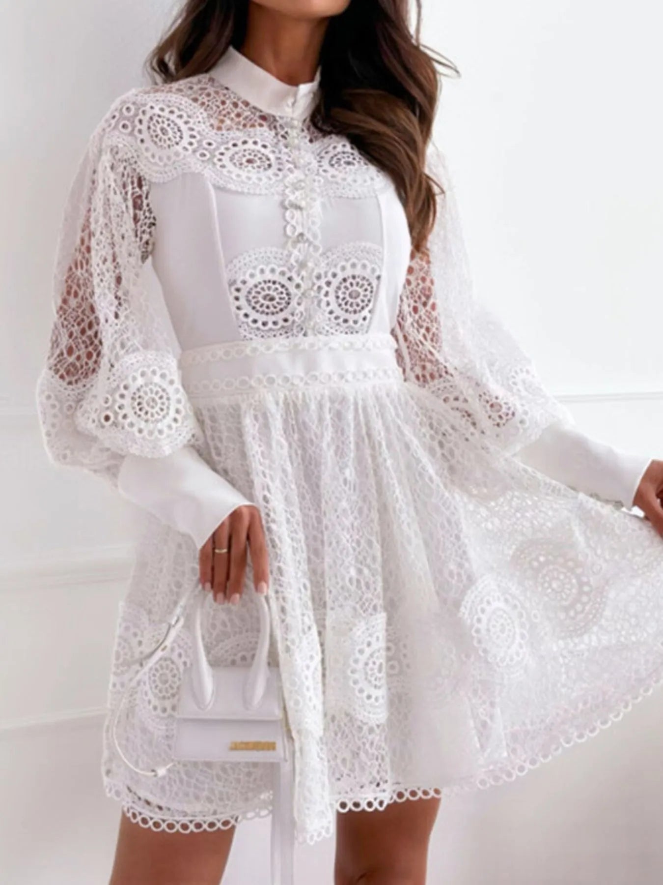 Lace Lantern Sleeve Mini Dress OutfitFlow
