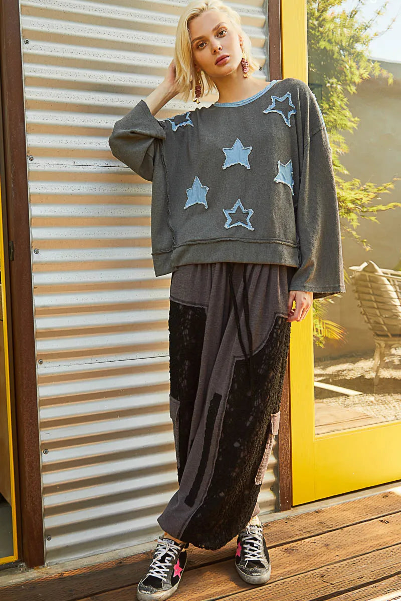 POL Exposed Seam Relaxed Fit Sweater with Star Denim Patch Trendsi