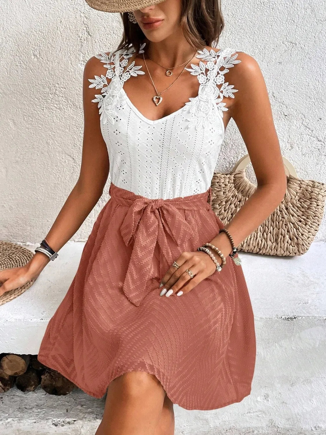 Lace Detail Tie Waist Mini Cami Dress OutfitFlow