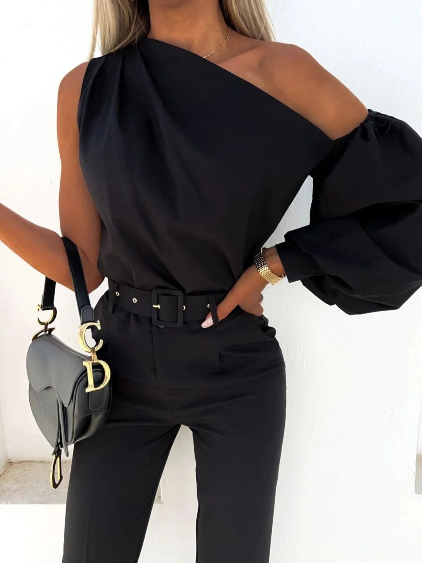 One Shoulder Puff Sleeve Blouse OutfitFlow