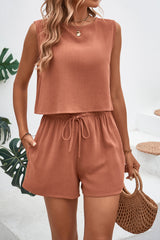 Outfit Flow - Round Neck Top and Drawstring Shorts Set