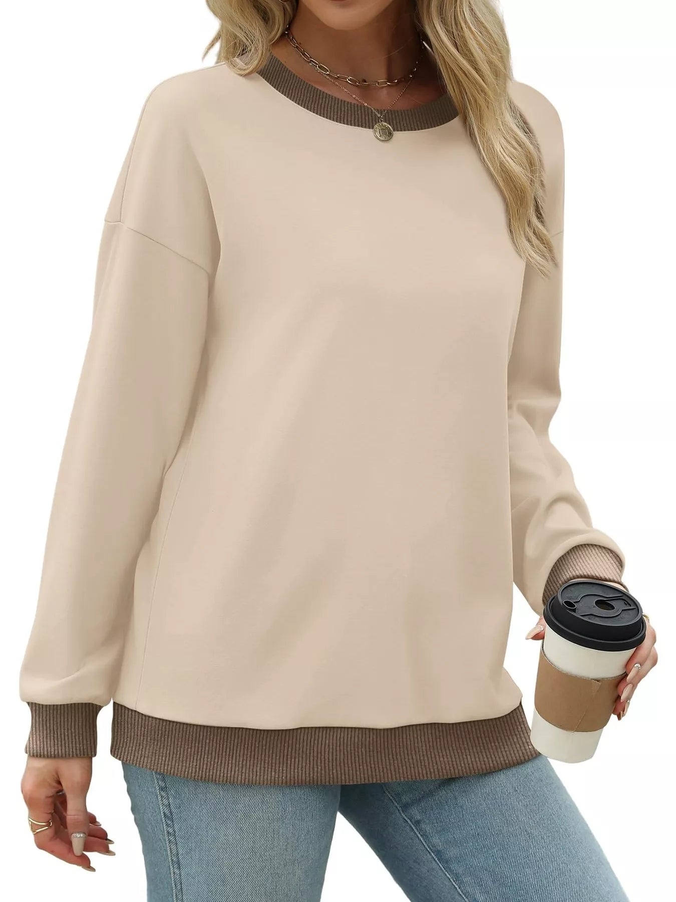 Contrast Trim Crew Neck Casual Sweatshirt OutfitFlow