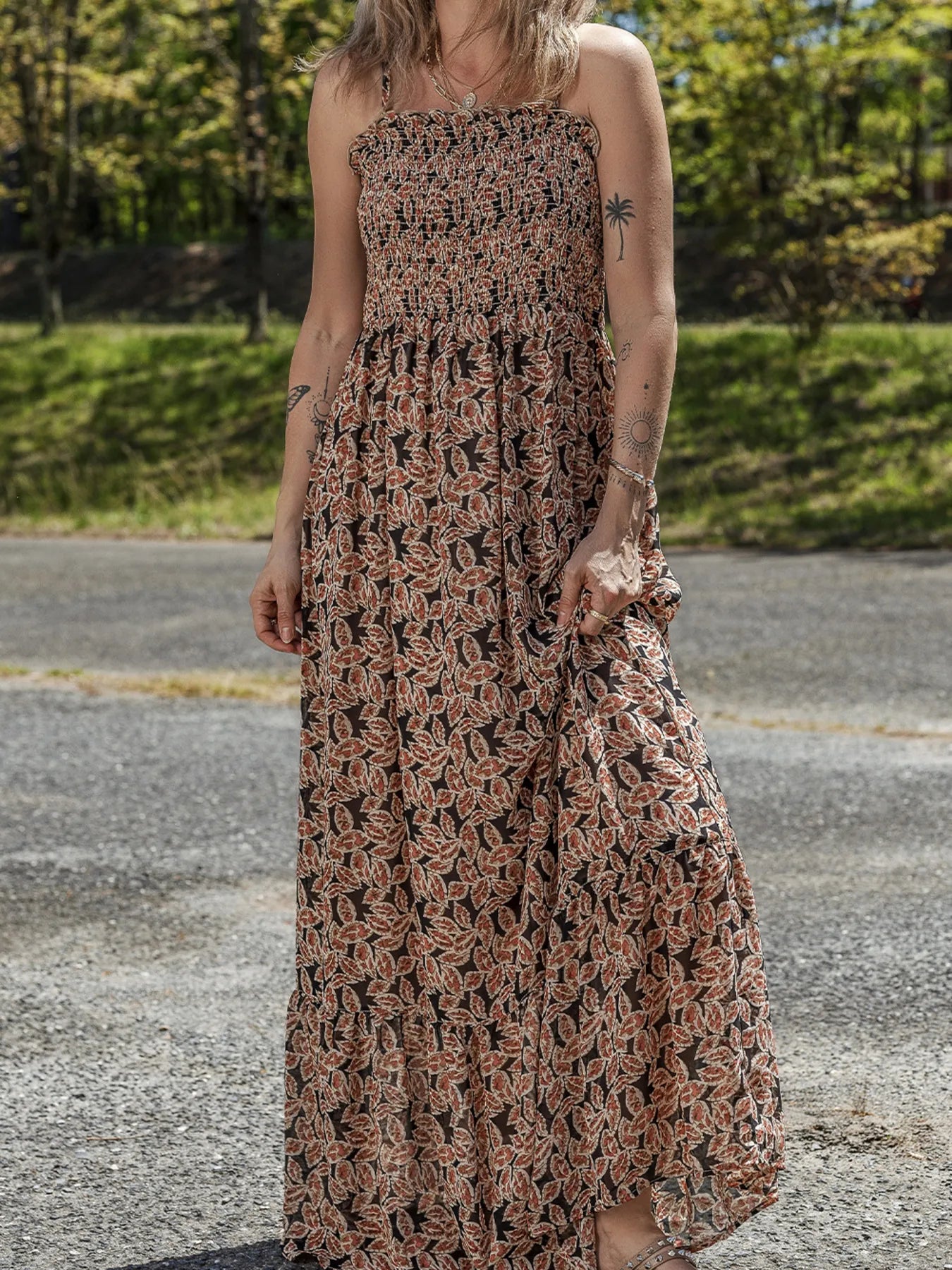 Printed Smocked Bodice Maxi Dress OutfitFlow