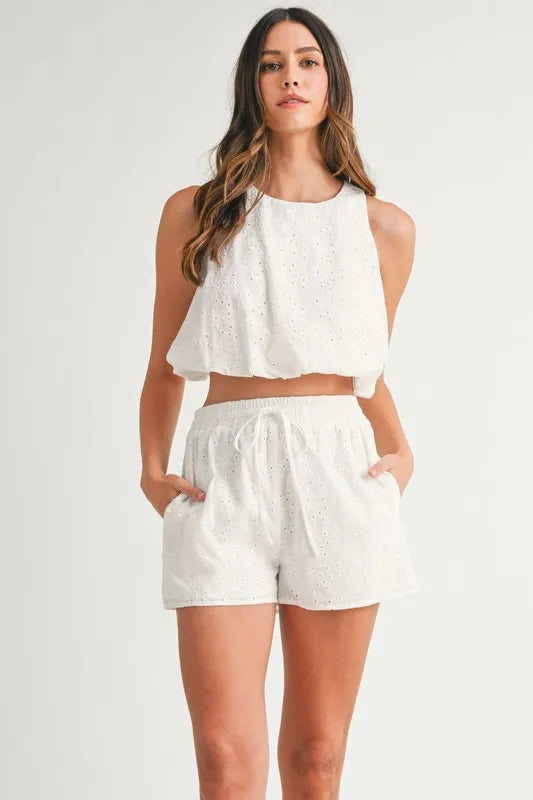 MABLE Eyelet Bubble Hem Sleeveless Top and Shorts Set OutfitFlow