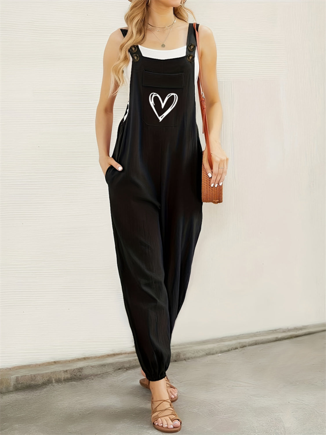 Heart Square Neck Wide Strap Overalls OutfitFlow