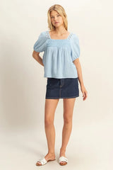 HYFVE Crochet Detail Puff Sleeve Peasant Top OutfitFlow