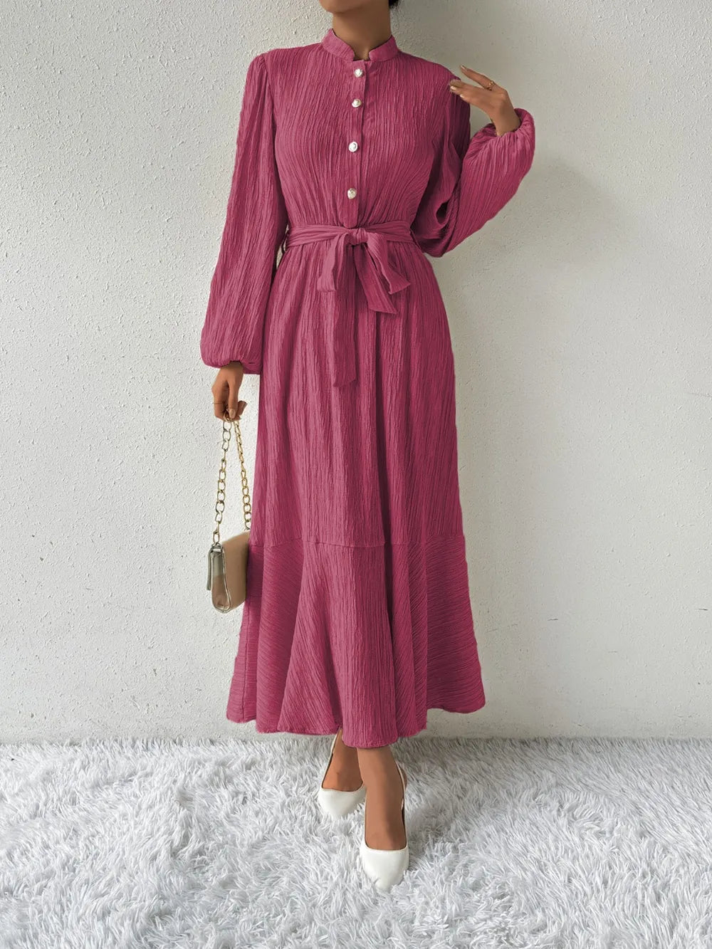 Honey Tie Waist Long Sleeve Dress Deep Rose OutfitFlow