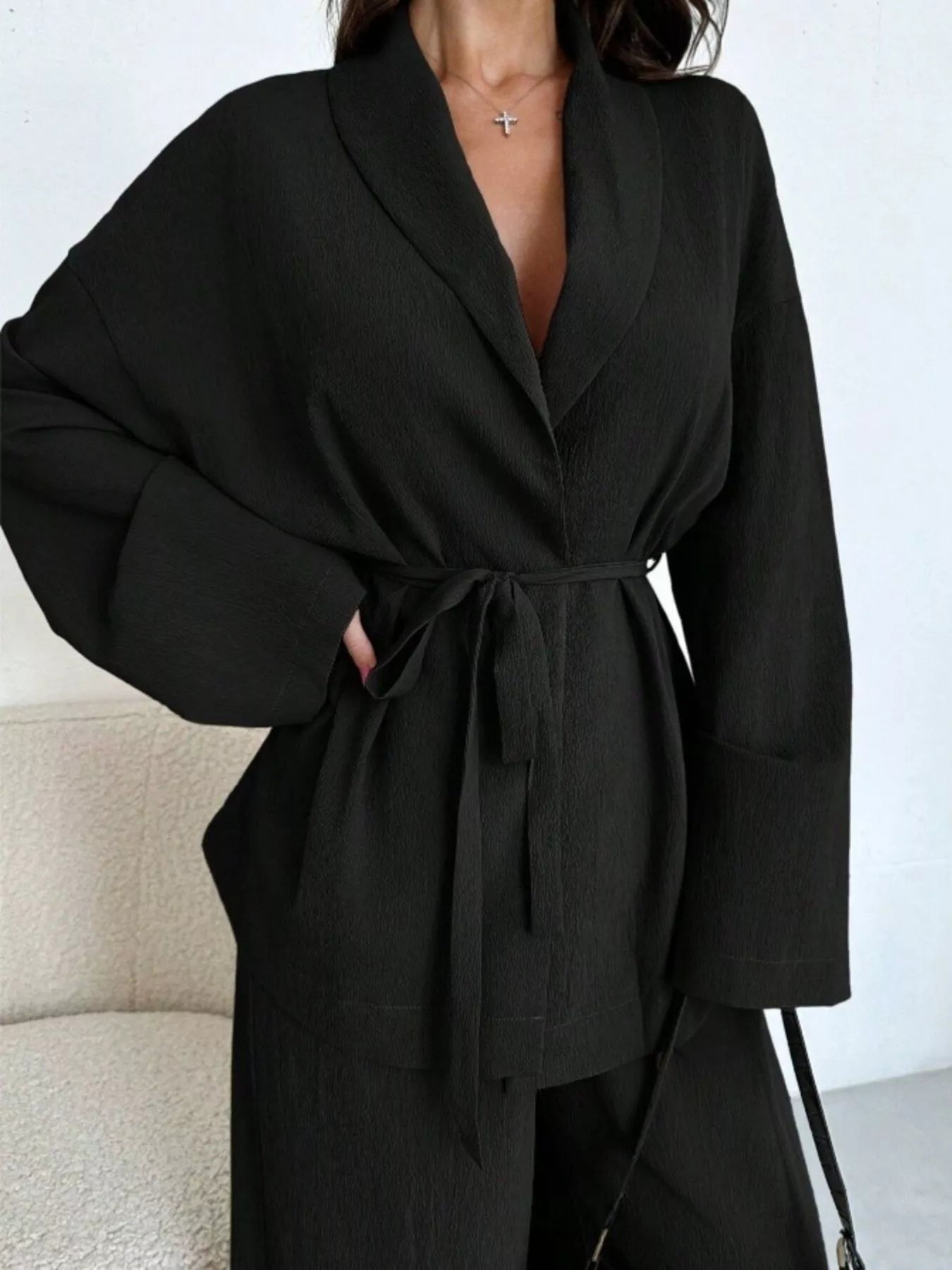 Front Tied Shirt and Wide-Leg Pants Set OutfitFlow