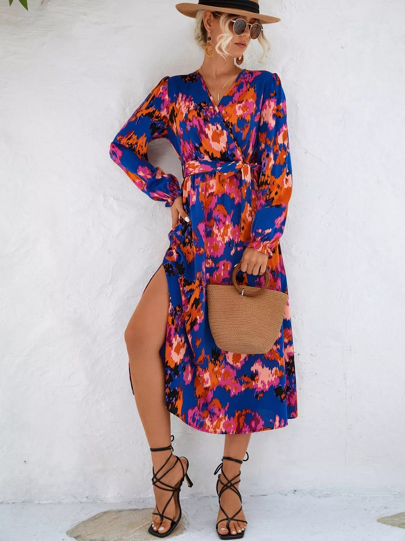 Printed Surplice Long Sleeve Midi Dress OutfitFlow