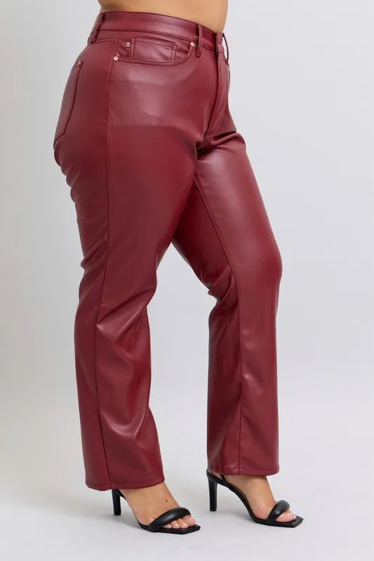 Judy Blue Full Size High Waist Tummy Control Faux Leather Straight Pants Plus Size OutfitFlow