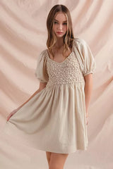 SO ME Textured Woven Daily Dress with Puff Sleeves Trendsi