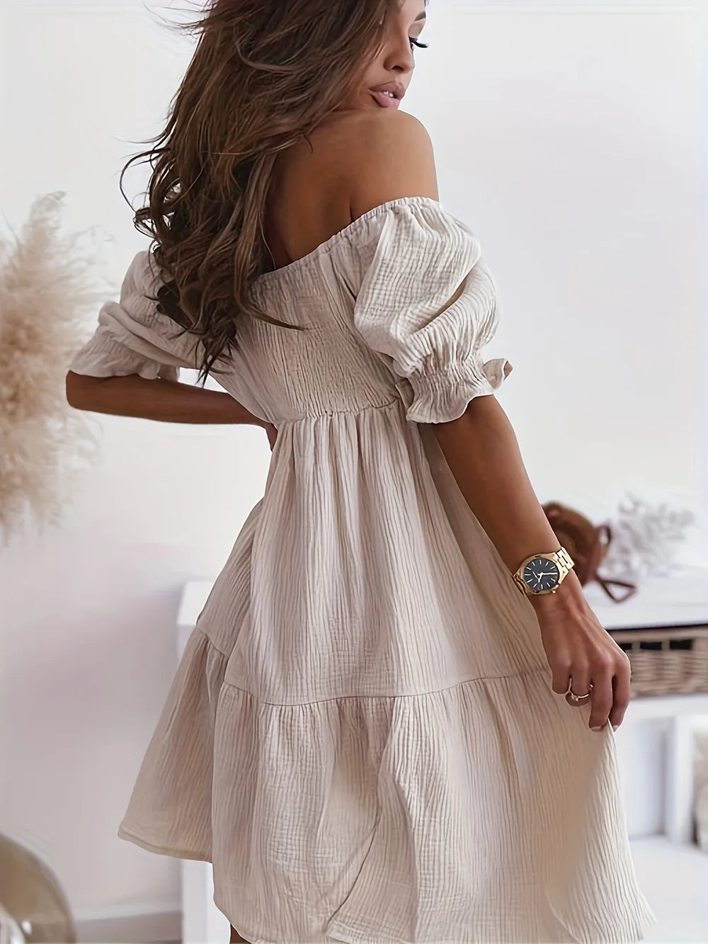 Full Size Ruffled Off-Shoulder Short Sleeve Dress OutfitFlow