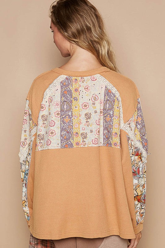 Outfit Flow - POL Waffle-Knit Lace Detail Round Neck Top