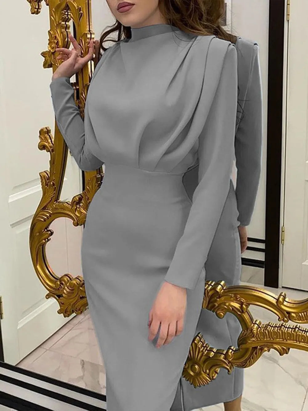 Ruched Turtleneck Long Sleeve Dress OutfitFlow