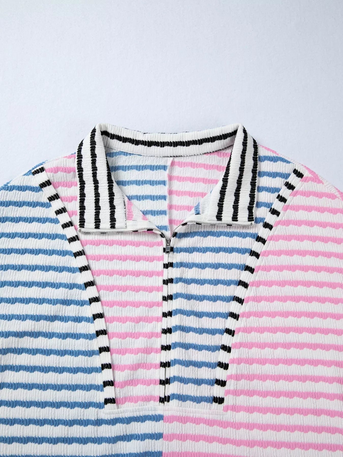 Striped Color Block Patchwork Half Zip Drop Shoulder Long Sleeve Top OutfitFlow