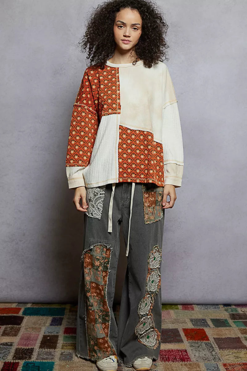 POL Contrast Patchwork Round Neck Long Sleeve Top OutfitFlow
