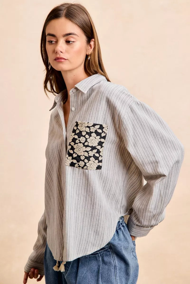 BiBi Flower Jacquard Knit Patch Pocket Stripe Shirt OutfitFlow