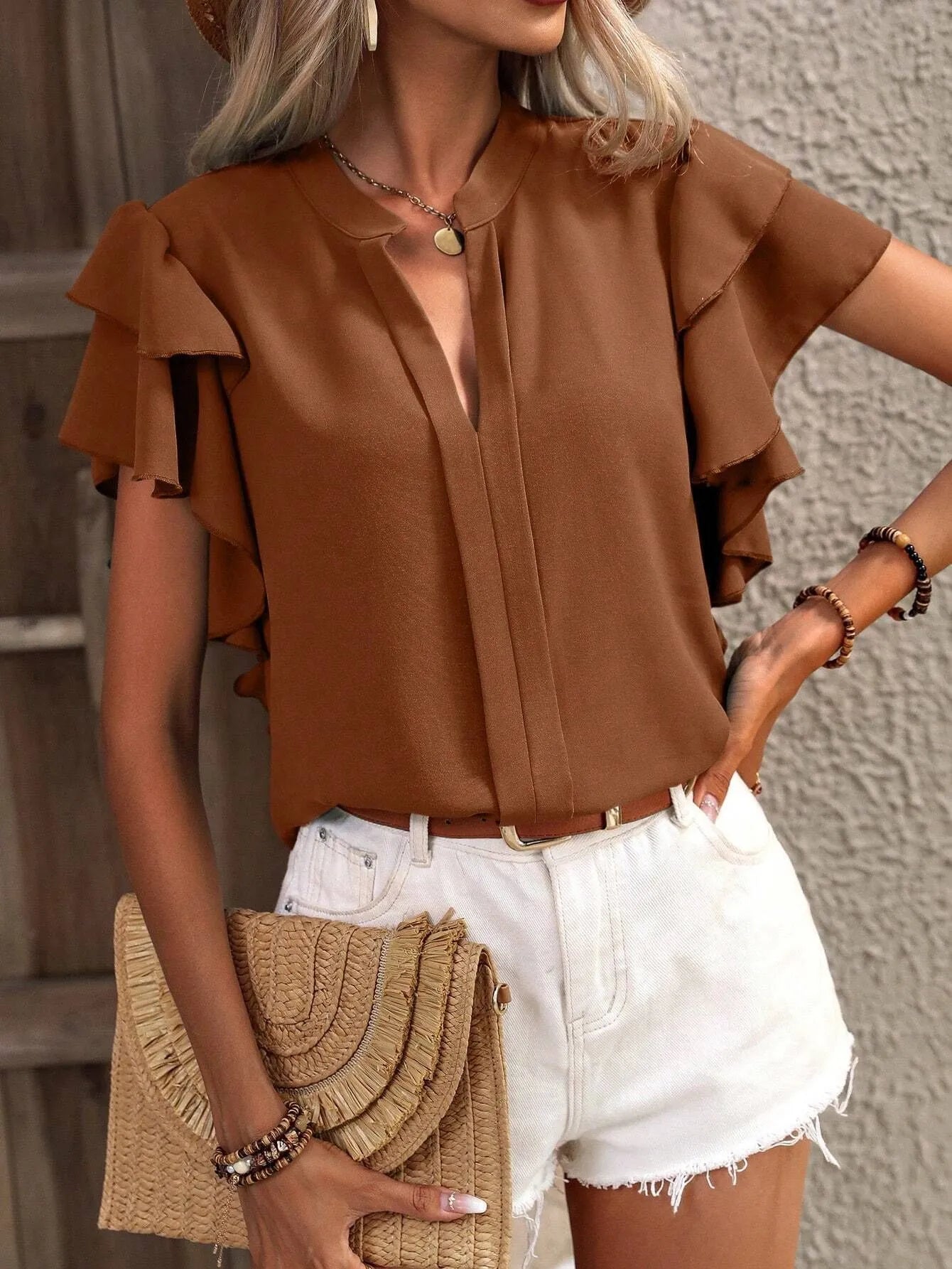 Ruffle Sleeve Notched Blouse OutfitFlow