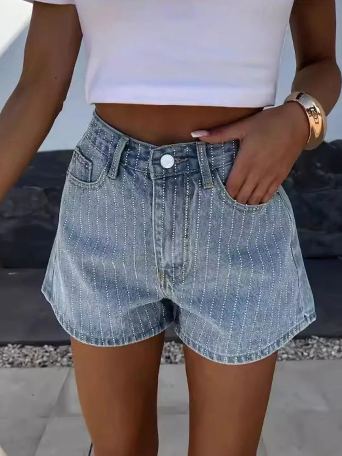 High Waist Wash Denim Shorts Denim Blue OutfitFlow