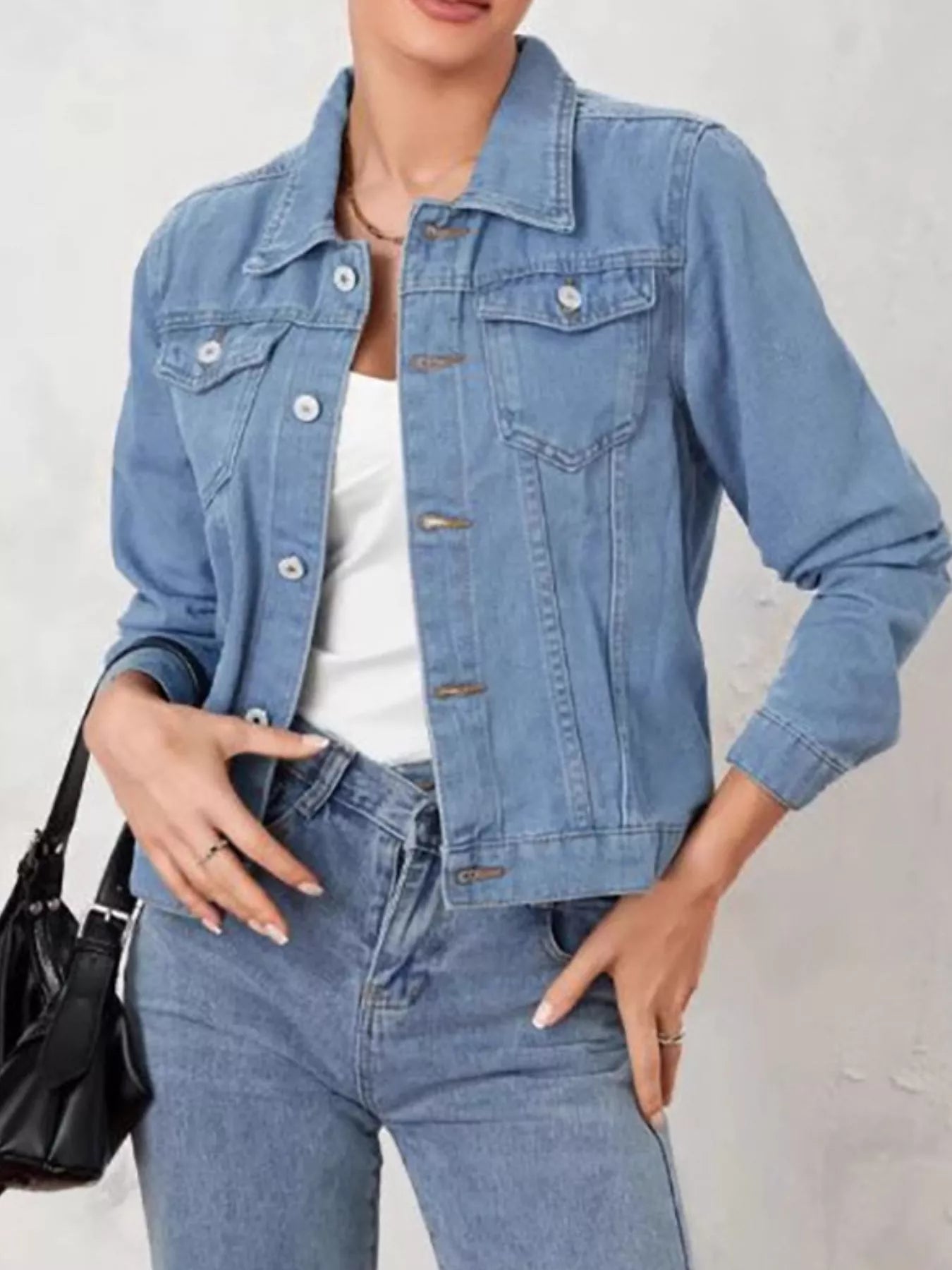 Button Up Long Sleeve Denim Jacket OutfitFlow