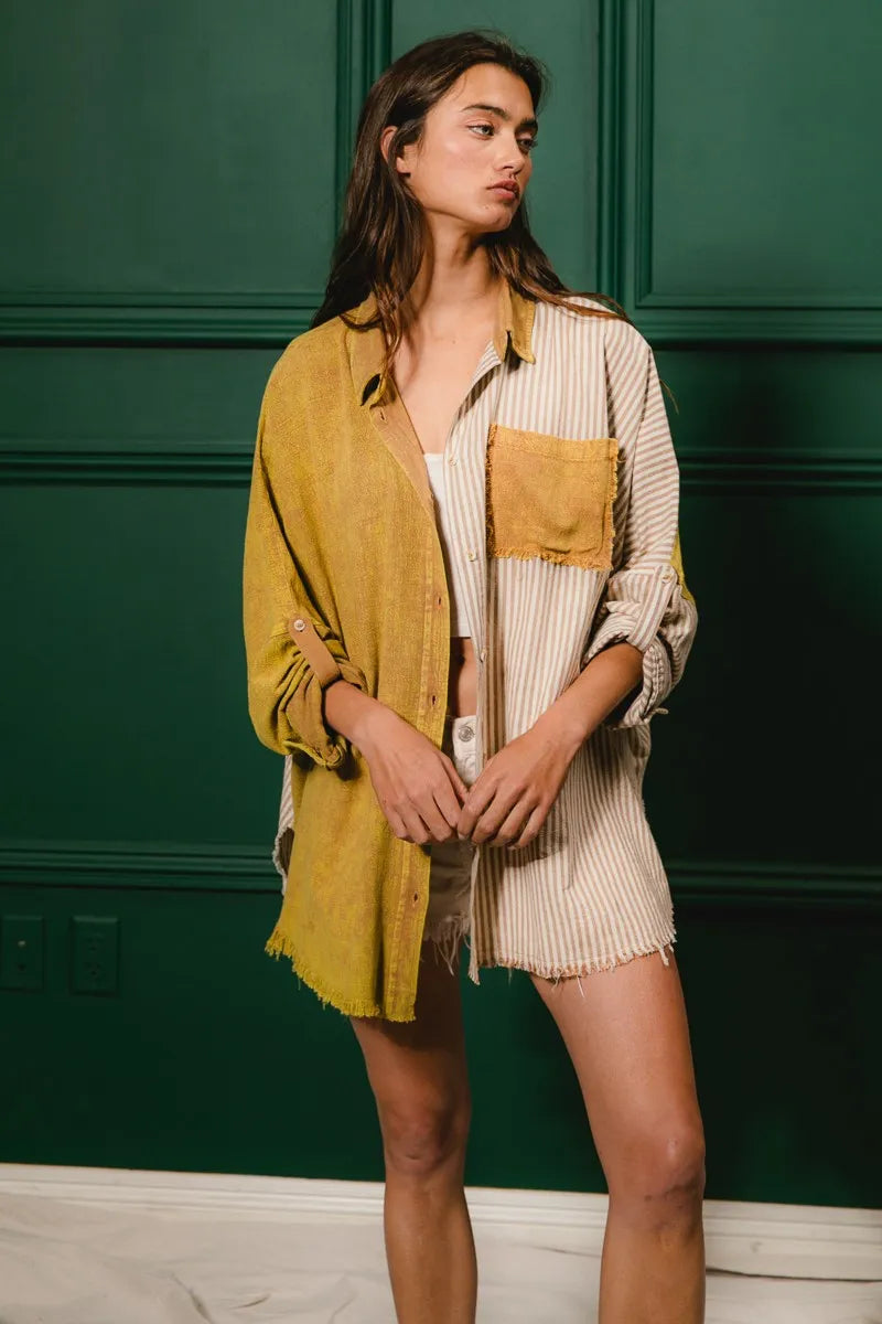BiBi Washed Raw Hem Shirt OutfitFlow