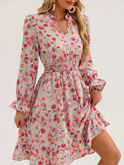 Floral Notched Flounce Sleeve Dress OutfitFlow