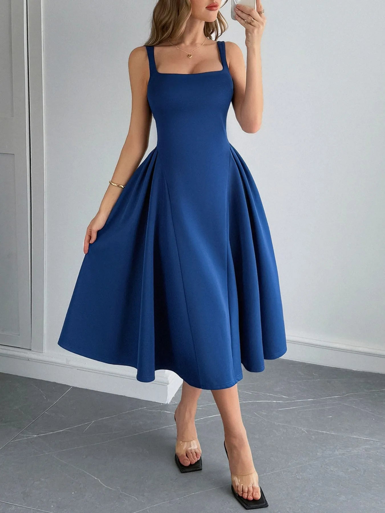 Square Neck Wide Strap Midi Dress OutfitFlow