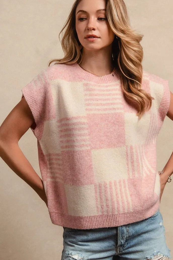 BiBi Checker With Stripes Pattern Sleeveless Sweater OutfitFlow