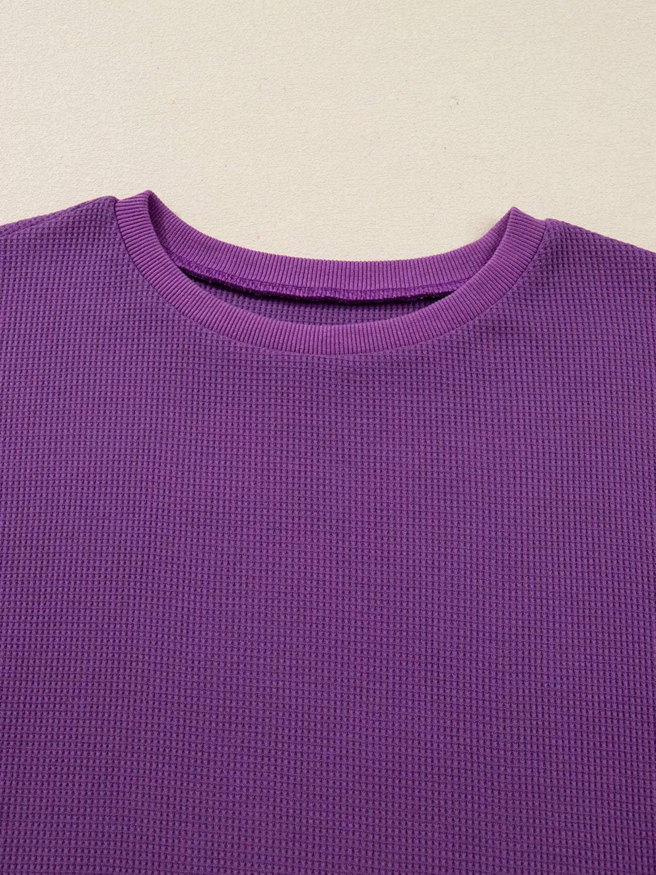 Solid Color Raw Seam Patchwork Ribbed Drop Shoulder Sweatshirt OutfitFlow