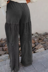 Mineral Wash Tiered Wide Leg Patchwork Drawstring Pants OutfitFlow