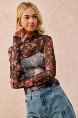 BiBi Flower Printed Mesh Lace Top with Thumb Opening OutfitFlow