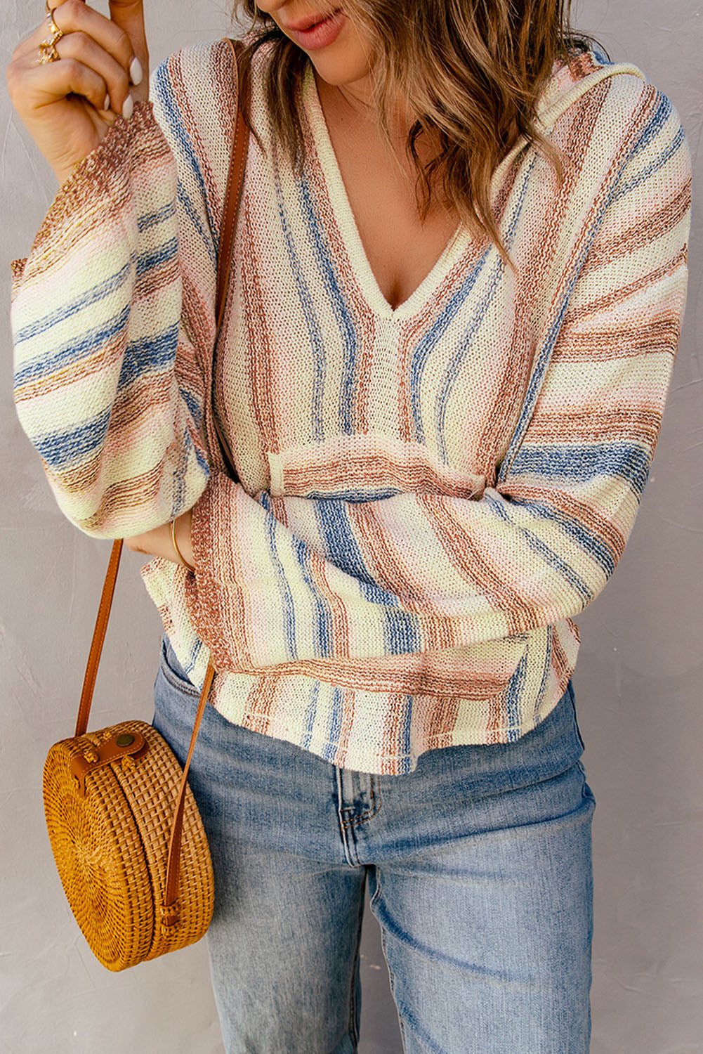 Outfit Flow - Contrast Striped Dropped Shoulder Hooded Knit Top