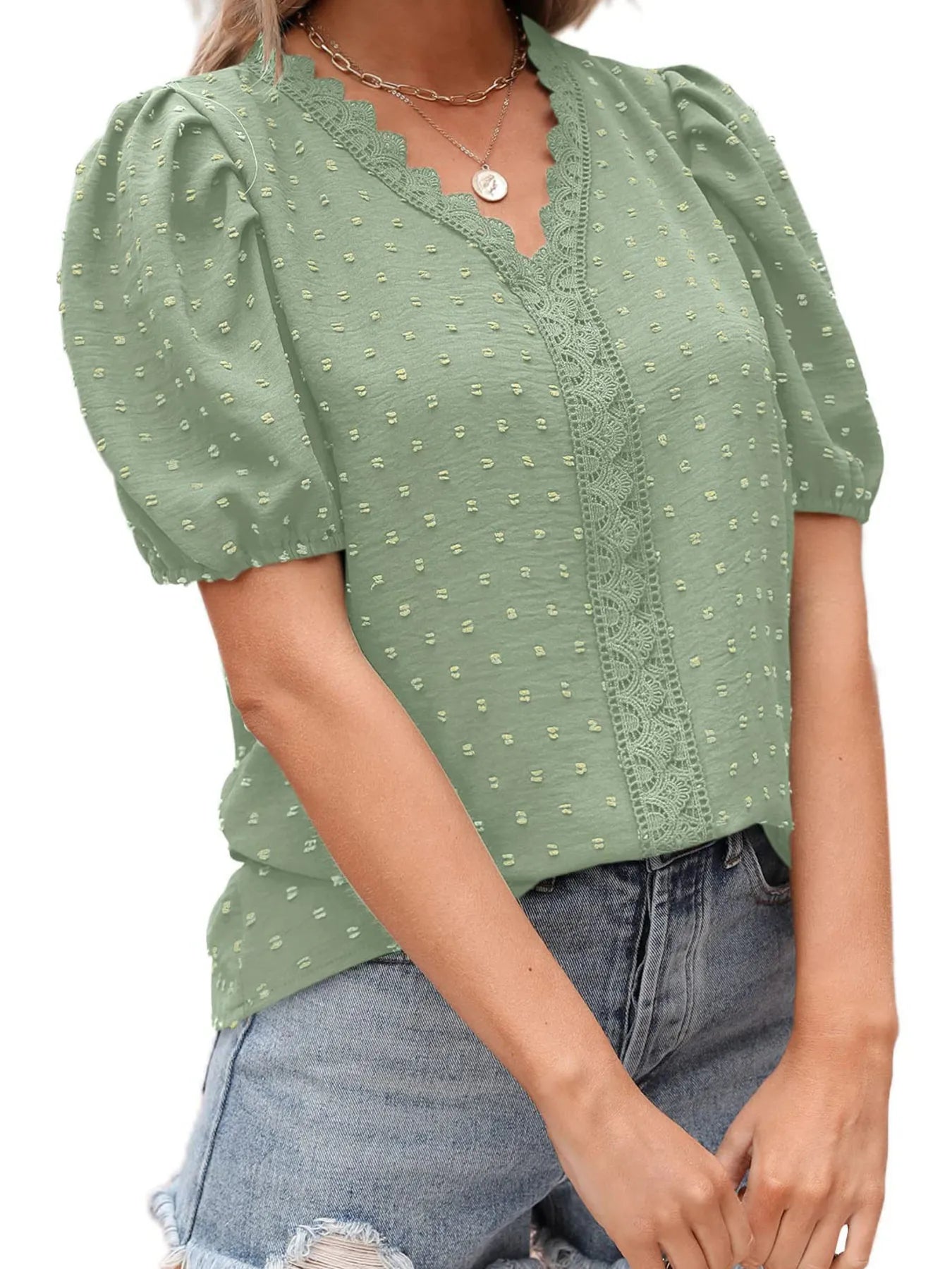 Puff Sleeve Swiss Dot Lace Trim Blouse OutfitFlow