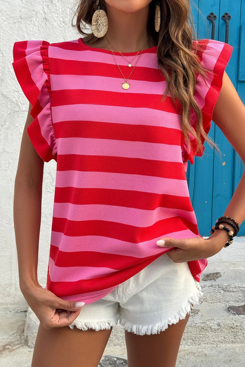 Striped Ruffle Sleeve Summer T-Shirt OutfitFlow