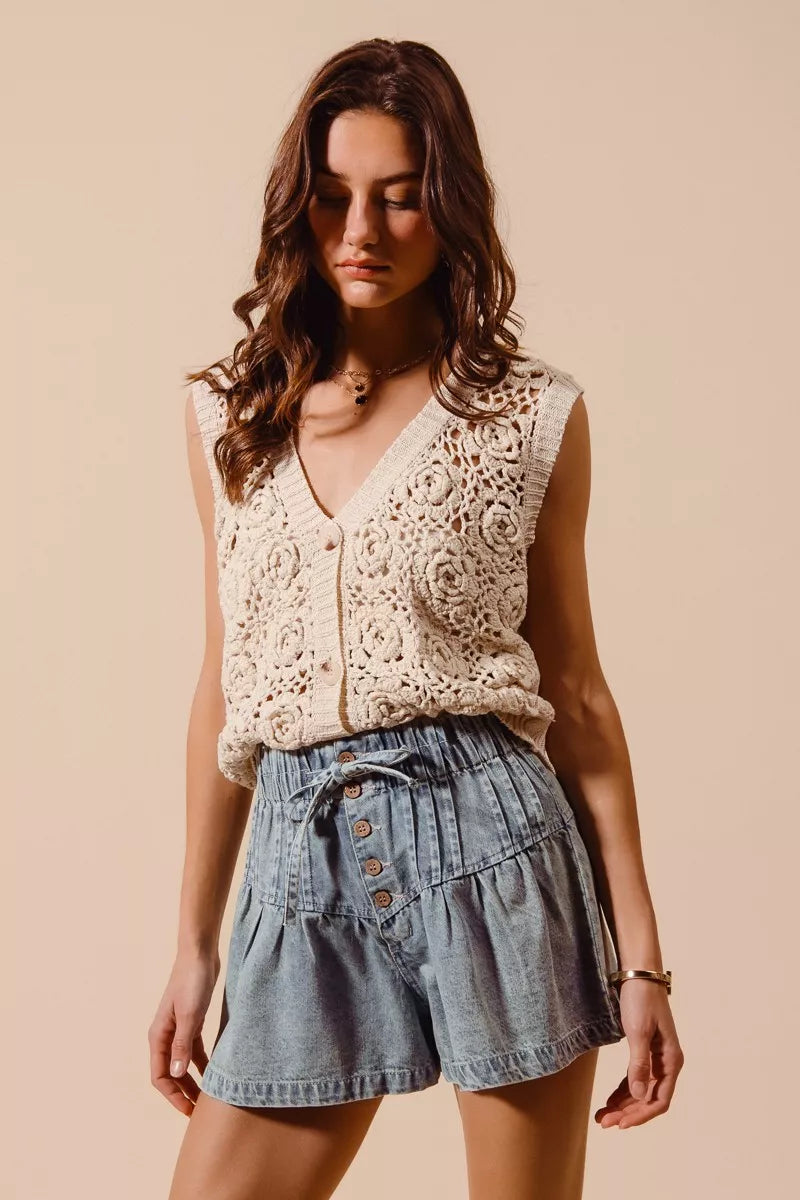 SO ME Flared Denim Shorts with Elasticized Waist OutfitFlow