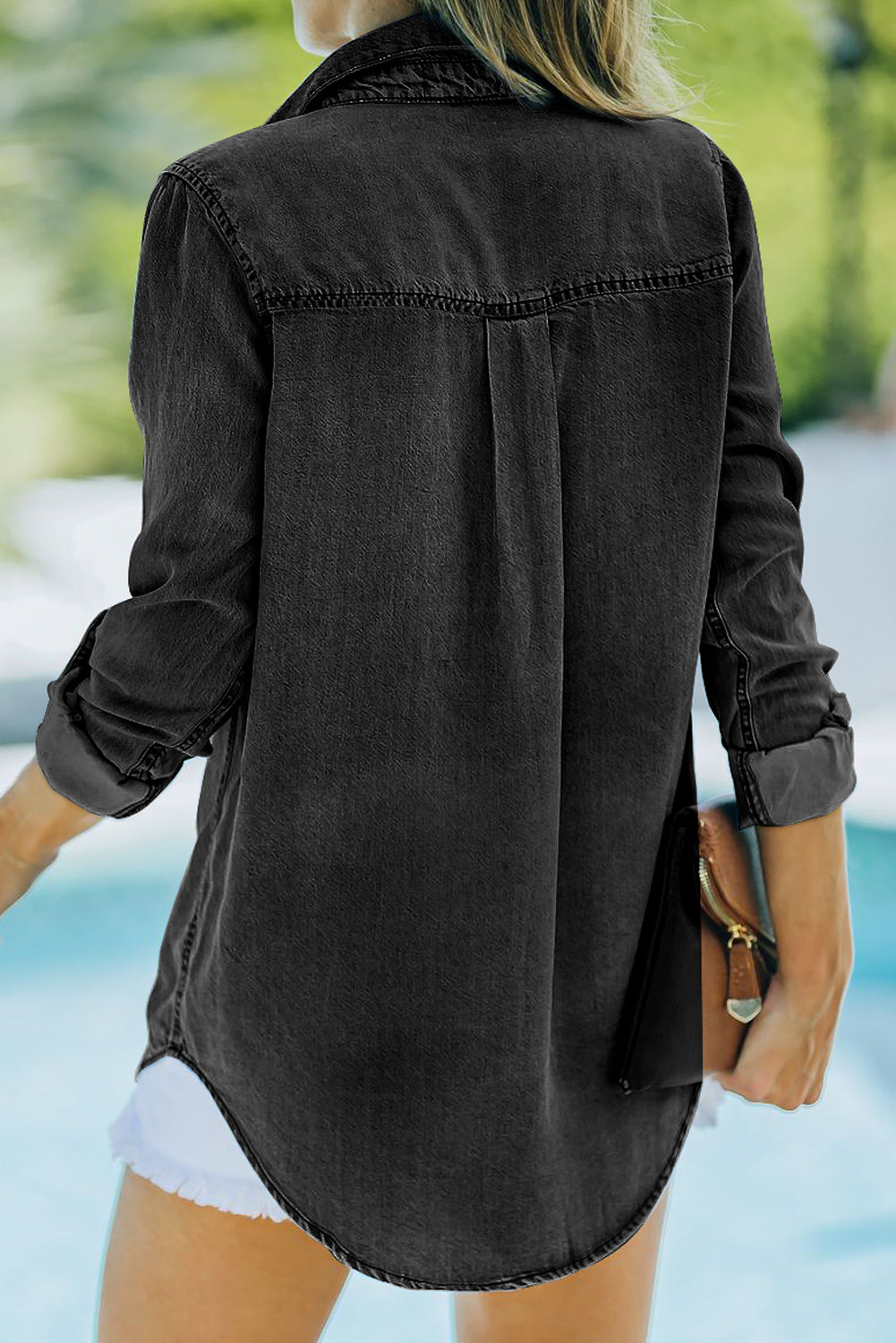 Pocketed Collared Neck Long Sleeve Denim Top OutfitFlow